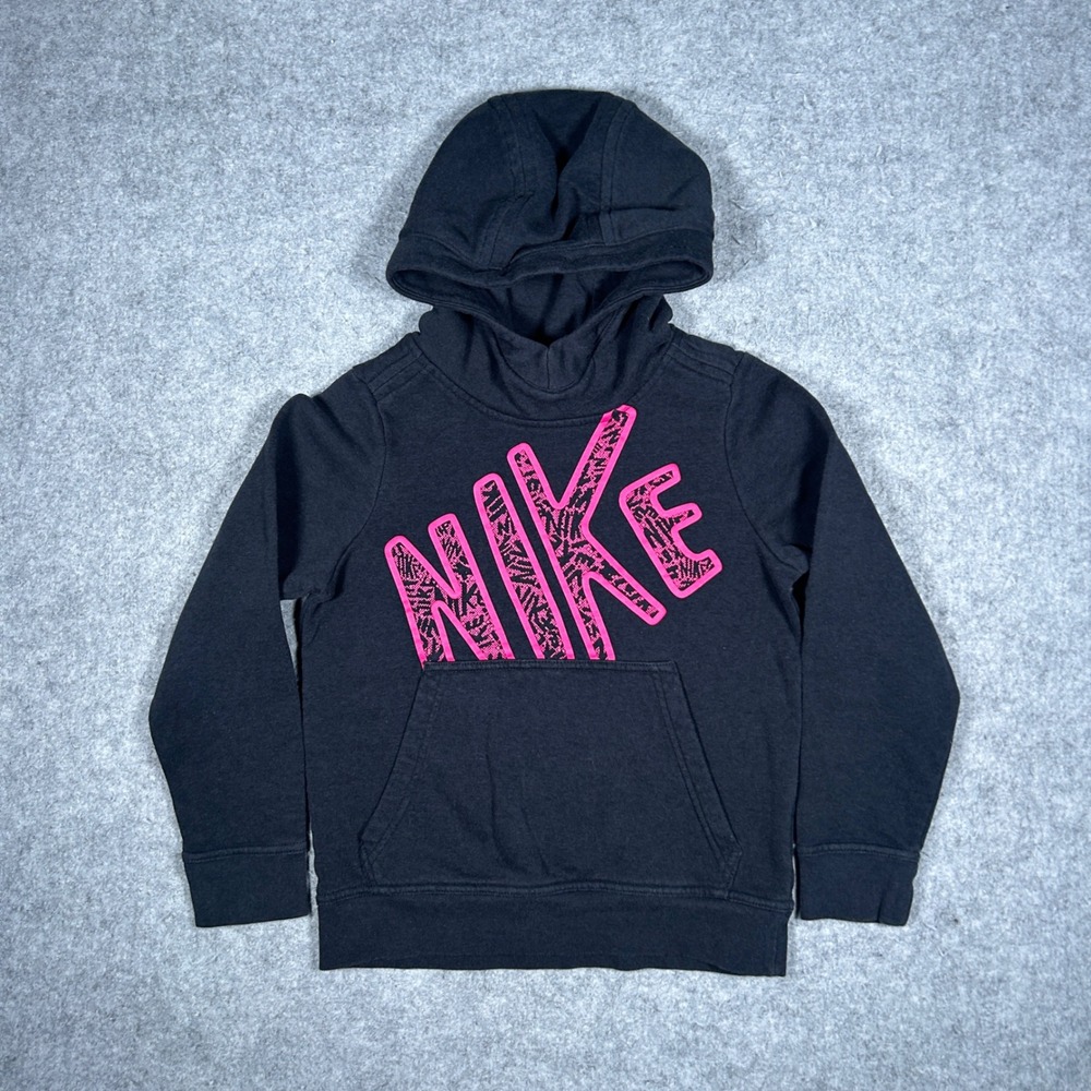 Nike Hoodie Girls Small Black Pink Graphic Logo Pullover‎ Long Sleeve Sportswear